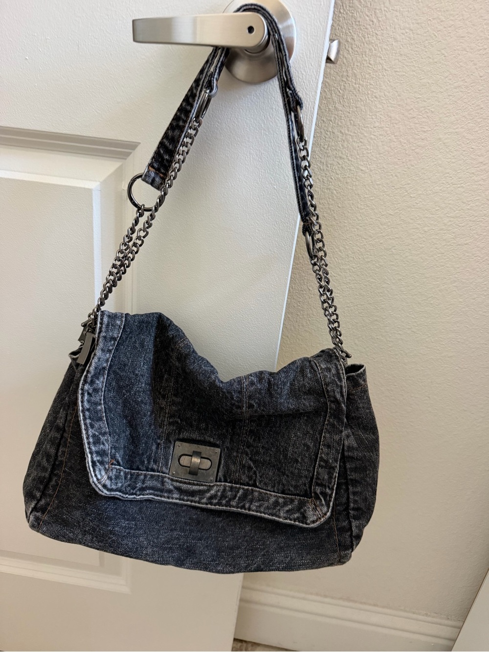Black Denim Shoulder Bag with Chain Strap